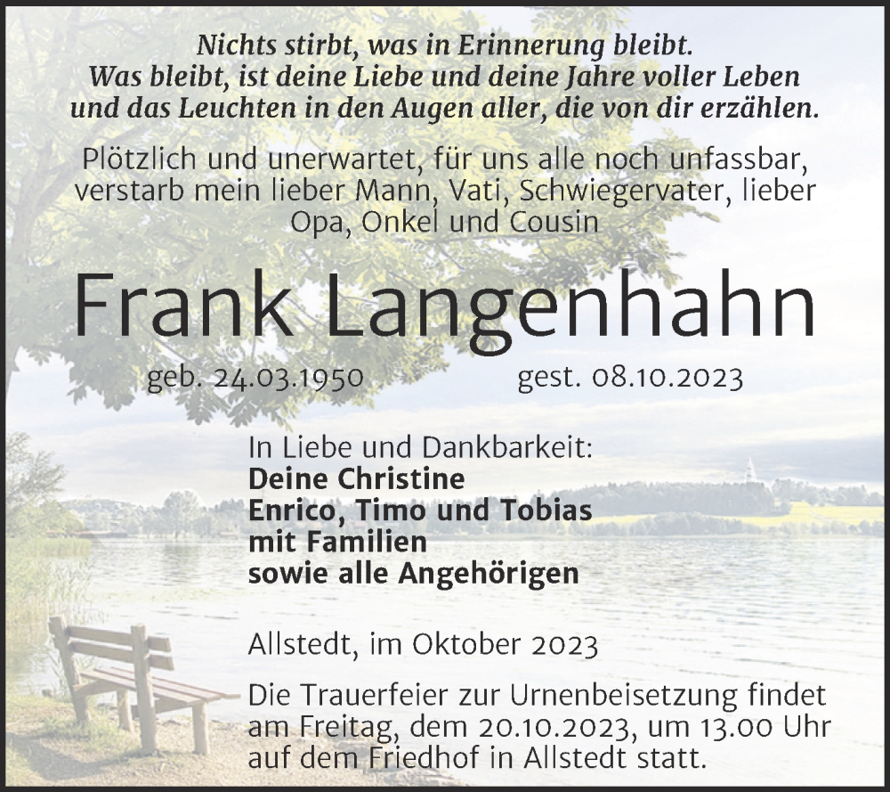  Traueranzeige für Frank Langenhahn vom 14.10.2023 aus Trauerkombi Sangerhausen