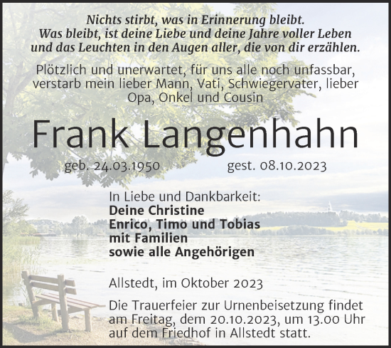 Traueranzeige von Frank Langenhahn von Trauerkombi Sangerhausen