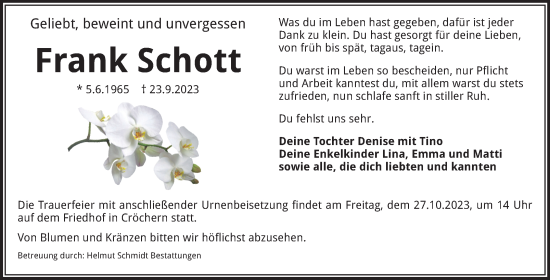 Traueranzeige von Frank Schott von Volksstimme Oschersleben/Wanzleben
