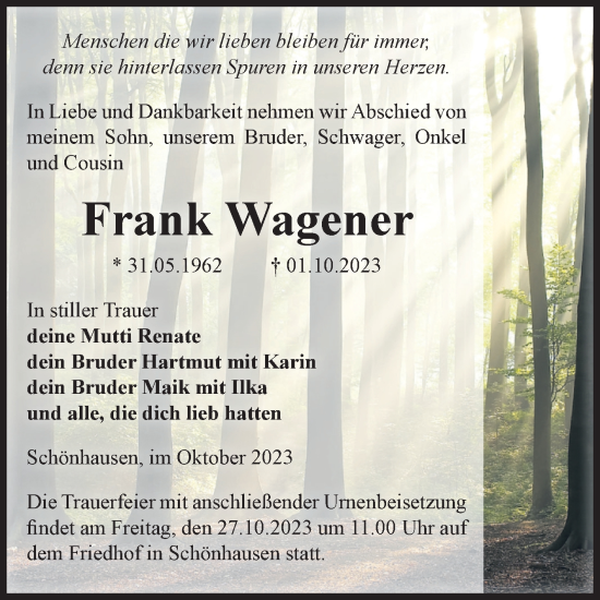 Traueranzeige von Frank Wagener von Volksstimme Altmark Ost