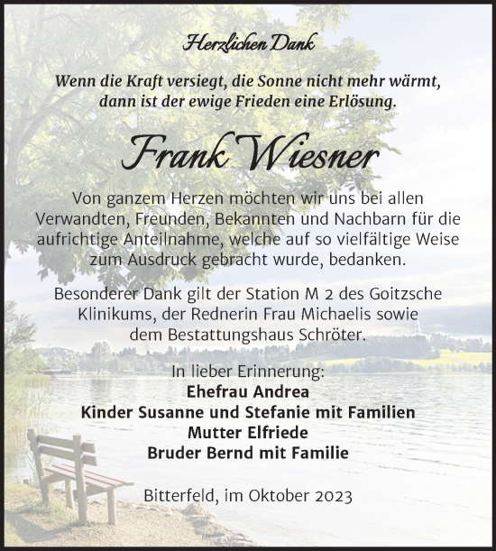 Traueranzeige von Frank Wiesner von Trauerkombi Bitterfeld
