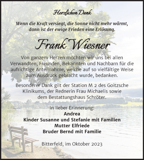 Traueranzeige von Frank Wiesner von Trauerkombi Bitterfeld