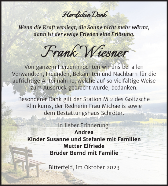 Traueranzeige von Frank Wiesner von Trauerkombi Bitterfeld