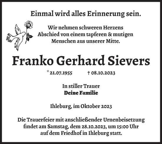 Traueranzeige von Franko Gerhard Sievers von Volksstimme Burg/Genthin
