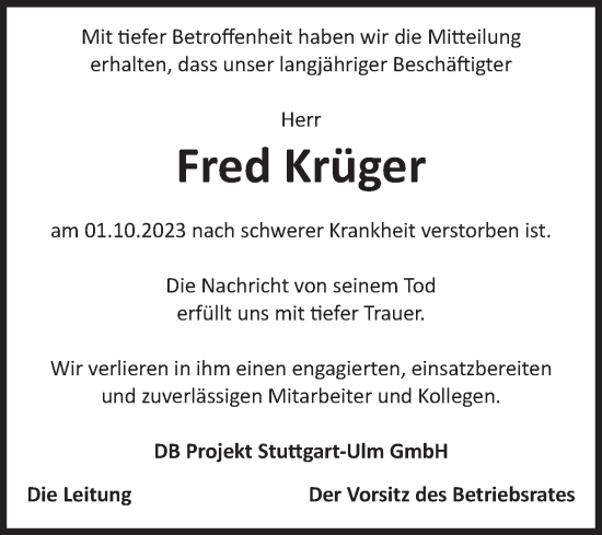 Traueranzeige von Fred Krüger von Volksstimme Magdeburg