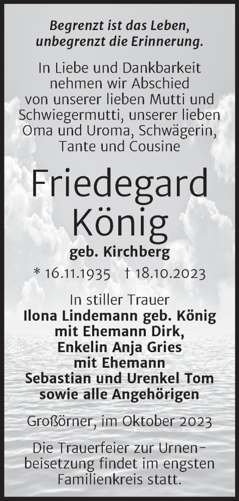 Traueranzeige von Friedegard König von Trauerkombi Mansfelder Land
