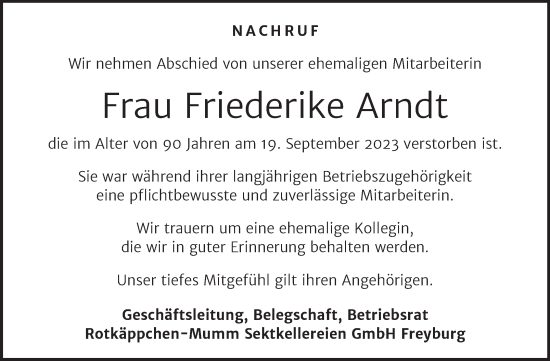Traueranzeige von Friederike Arndt von Wochenspiegel Naumburg/Nebra