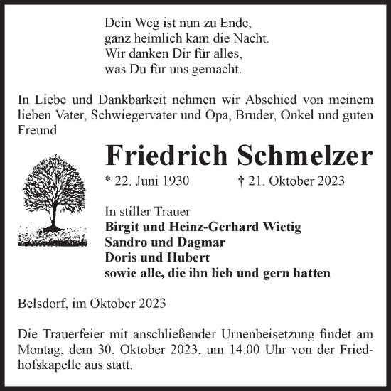 Traueranzeige von Friedrich Schmelzer von Volksstimme Haldensleben/Wolmirstedt