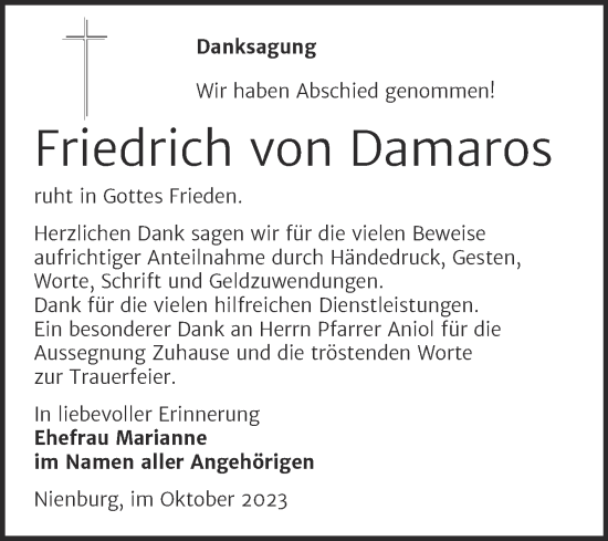 Traueranzeige von Friedrich von Damaros von Trauerkombi Bernburg