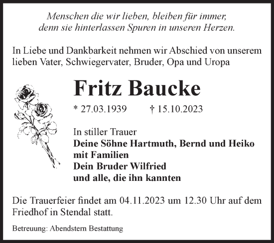 Traueranzeige von Fritz Baucke von Volksstimme Altmark Ost
