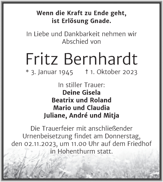 Traueranzeige von Fritz Bernhardt von Mitteldeutsche Zeitung Halle/Saalkreis