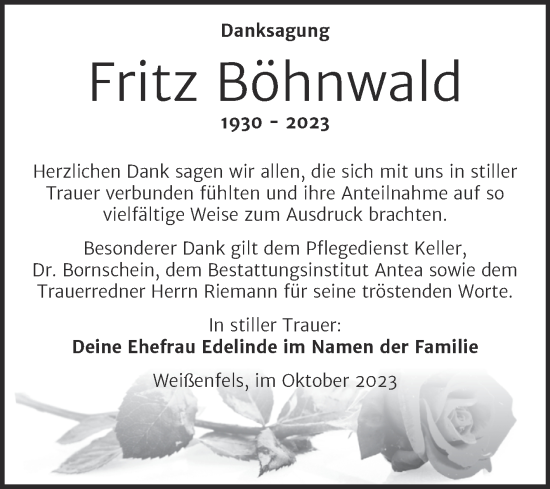 Traueranzeige von Fritz Böhnwald von Trauerkombi Weißenfels