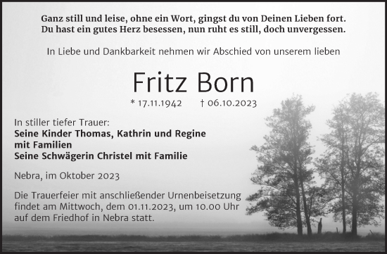 Traueranzeige von Fritz Born von Wochenspiegel Naumburg/Nebra