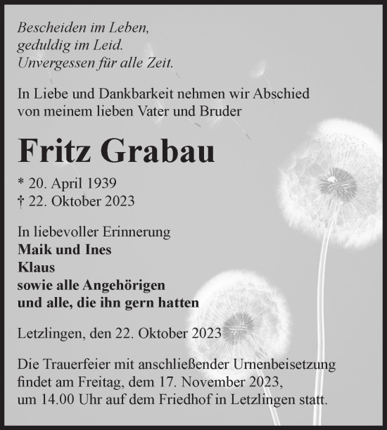 Traueranzeige von Fritz Grabau von Volksstimme Altmark West