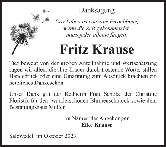 Traueranzeige von Fritz Krause von Volksstimme Altmark West