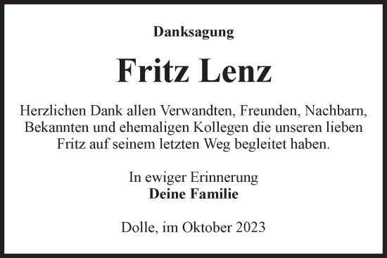 Traueranzeige von Fritz Lenz von Volksstimme Haldensleben/Wolmirstedt