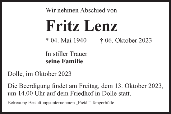 Traueranzeige von Fritz Lenz von Volksstimme Haldensleben/Wolmirstedt