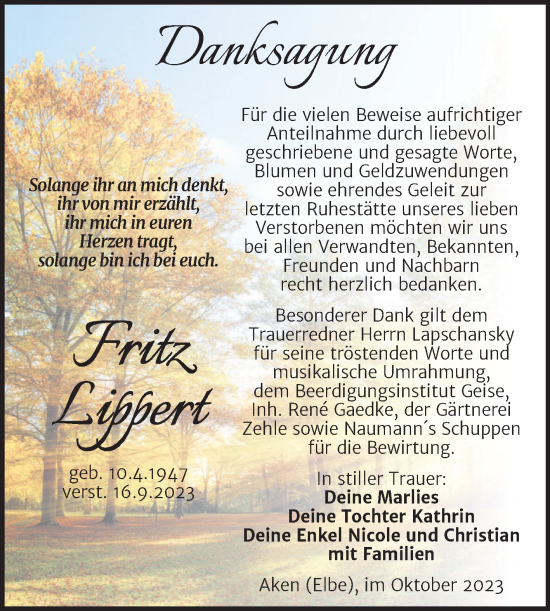 Traueranzeige von Fritz Lippert von Trauerkombi Köthen