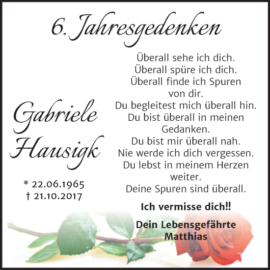 Traueranzeige von Gabriele Hausigk von Trauerkombi Bitterfeld