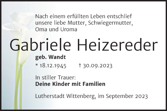Traueranzeige von Gabriele Heizereder von Trauerkombi Wittenberg