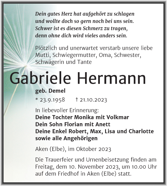 Traueranzeige von Gabriele Hermann von Trauerkombi Köthen