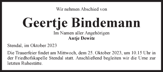 Traueranzeige von Geertje Bindemann von Volksstimme Altmark Ost