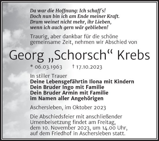Traueranzeige von Georg  Krebs von Trauerkombi Aschersleben