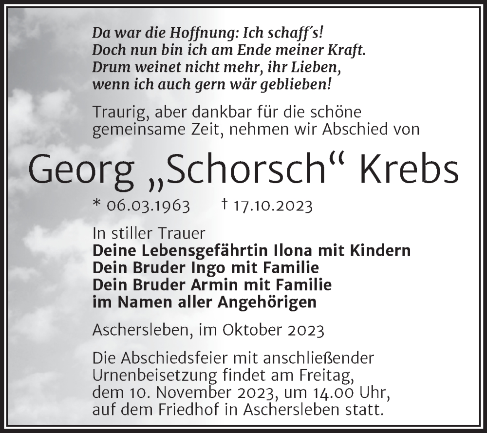  Traueranzeige für Georg  Krebs vom 28.10.2023 aus Trauerkombi Aschersleben