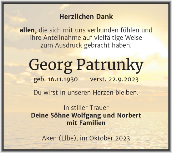 Traueranzeige von Georg Patrunky von Trauerkombi Köthen