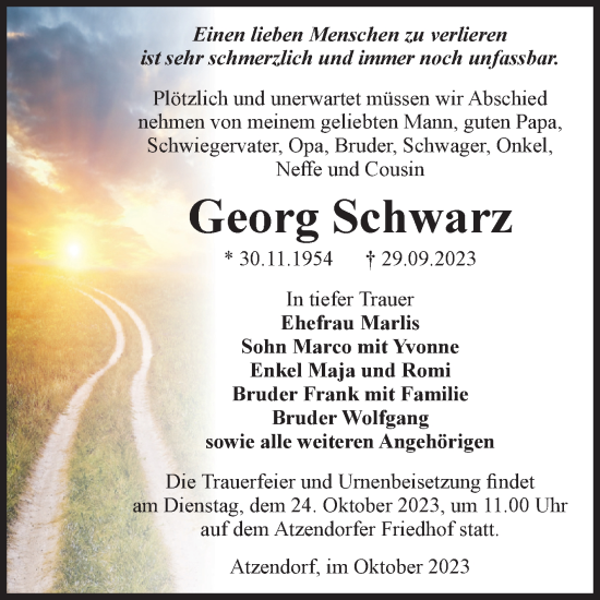 Traueranzeige von Georg Schwarz von Volksstimme Staßfurt