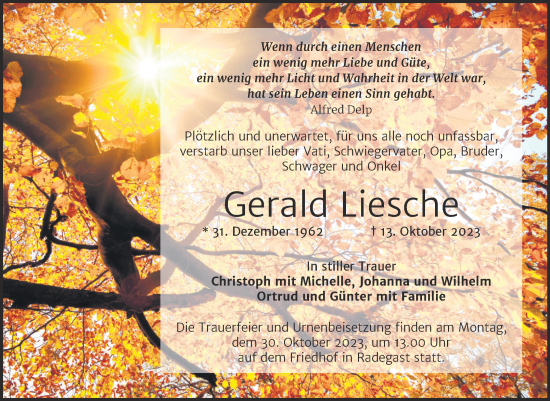 Traueranzeige von Gerald Liesche von Trauerkombi Köthen