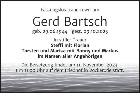Traueranzeige von Gerd Bartsch von Trauerkombi Wittenberg