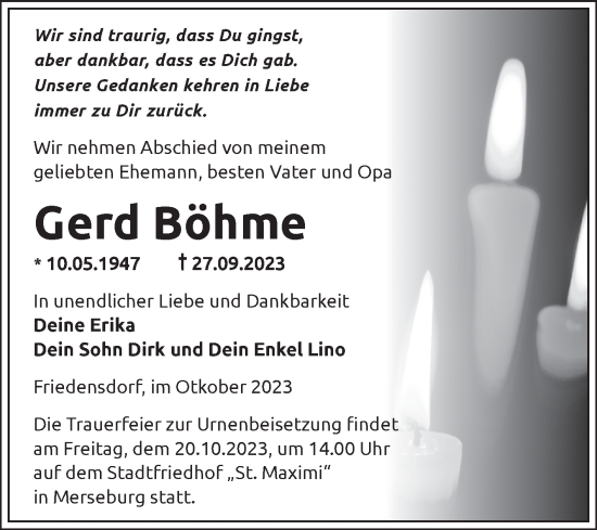 Traueranzeige von Gerd Böhme von Trauerkombi Merseburg