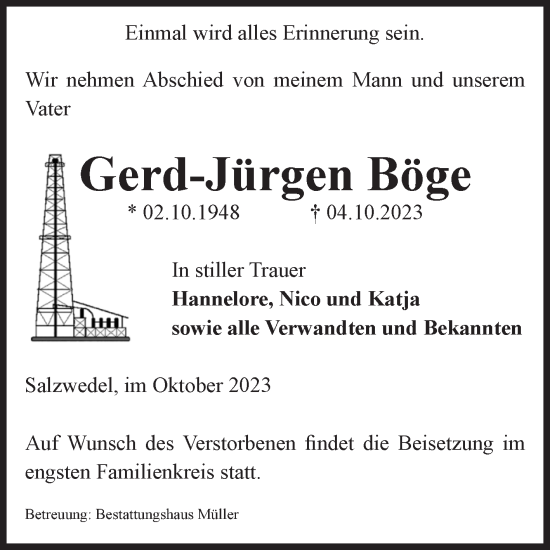 Traueranzeige von Gerd-Jürgen Böge von Volksstimme Altmark West