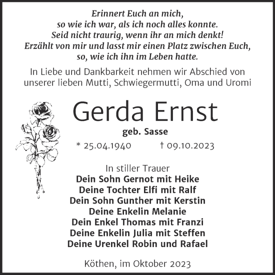 Traueranzeige von Gerda Ernst von Trauerkombi Köthen