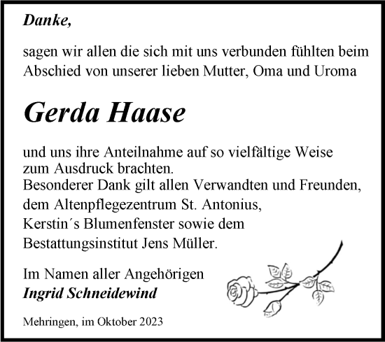 Traueranzeige von Gerda Haase von Trauerkombi Aschersleben