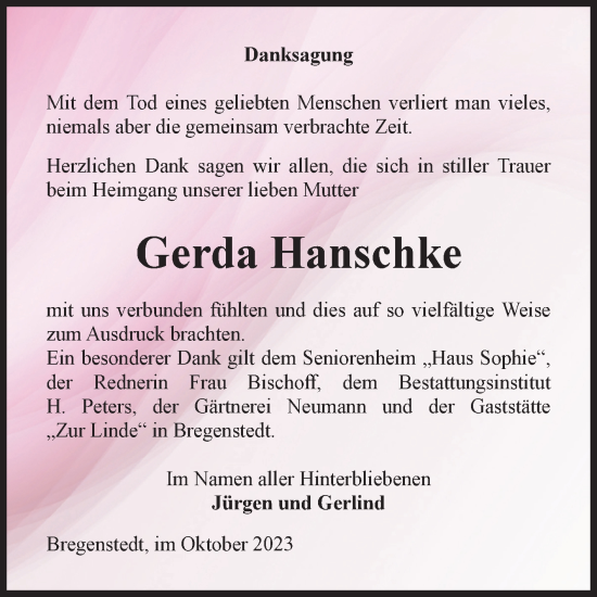Traueranzeige von Gerda Hanschke von Volksstimme Haldensleben/Wolmirstedt