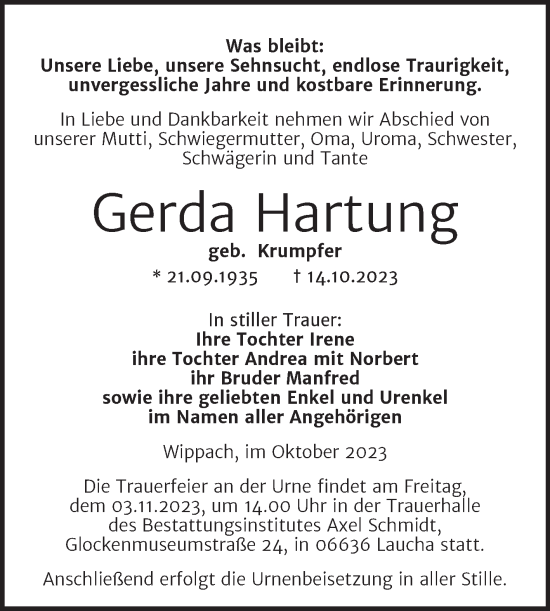 Traueranzeige von Gerda Hartung von Wochenspiegel Naumburg/Nebra