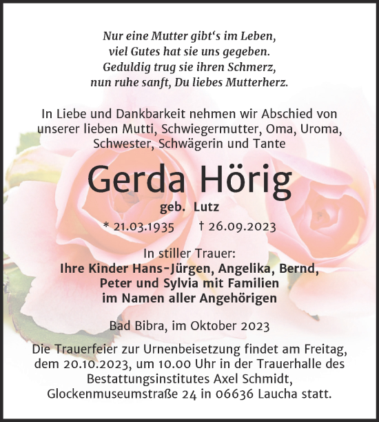 Traueranzeige von Gerda Hörig von Wochenspiegel Naumburg/Nebra
