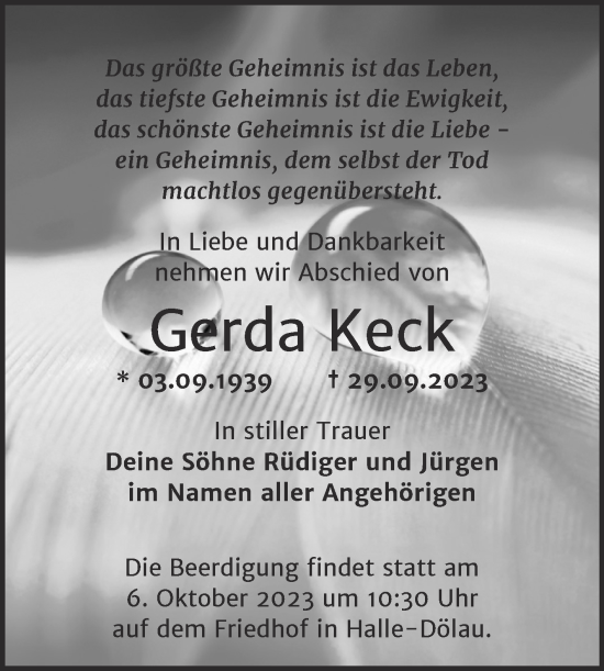 Traueranzeige von Gerda Keck von Mitteldeutsche Zeitung Halle/Saalkreis