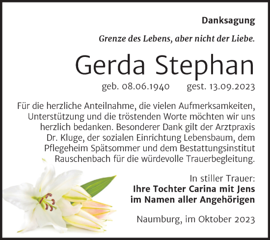 Traueranzeige von Gerda Stephan von Naumburger Tageblatt