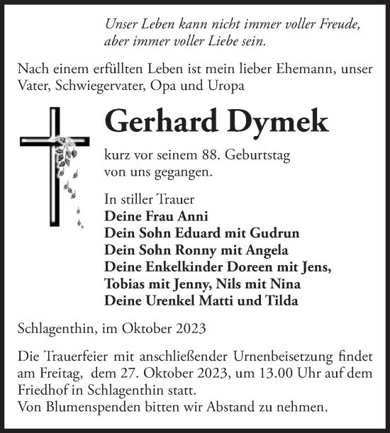 Traueranzeige von Gerhard Dymek von Volksstimme Burg/Genthin