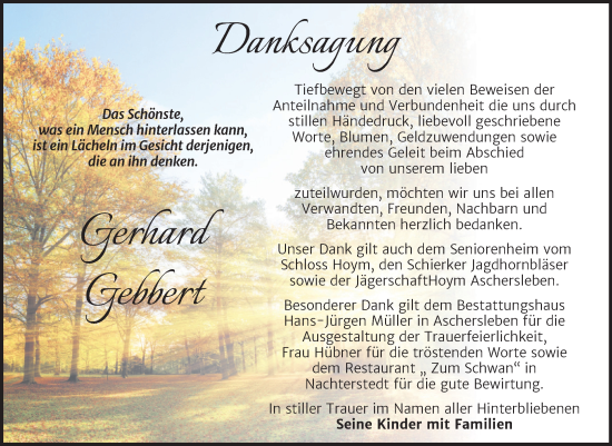 Traueranzeige von Gerhard Gebbert von Trauerkombi Aschersleben