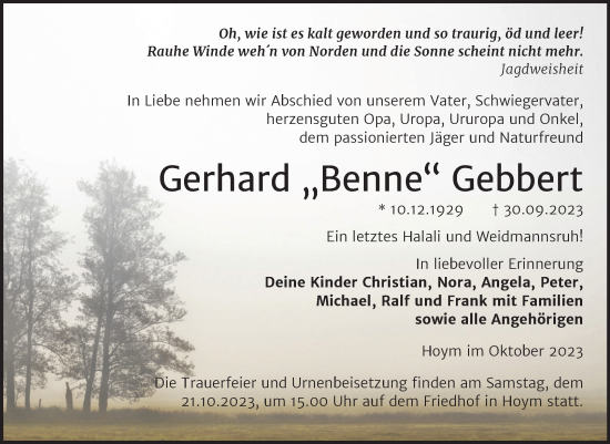 Traueranzeige von Gerhard Gebbert von Trauerkombi Aschersleben