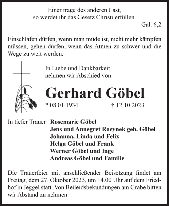 Traueranzeige von Gerhard Göbel von Volksstimme Altmark Ost