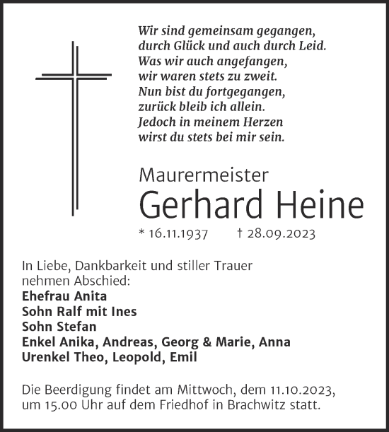 Traueranzeige von Gerhard Heine von Mitteldeutsche Zeitung Halle/Saalkreis