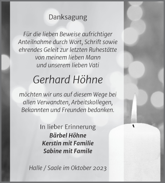 Traueranzeige von Gerhard Höhne von Mitteldeutsche Zeitung Halle/Saalkreis