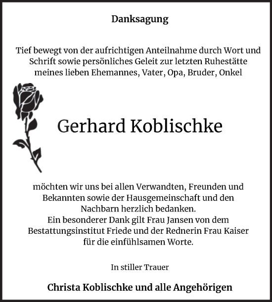 Traueranzeige von Gerhard Koblischke von Trauerkombi Dessau