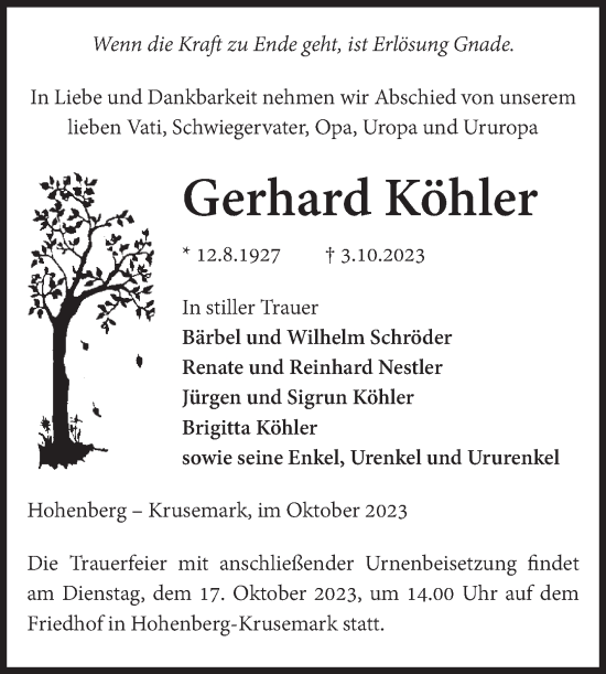 Traueranzeige von Gerhard Köhler von Volksstimme Altmark Ost