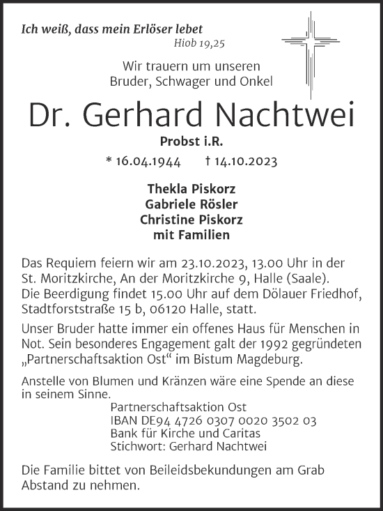 Traueranzeige von Gerhard Nachtwei von Mitteldeutsche Zeitung Dessau-Roßlau